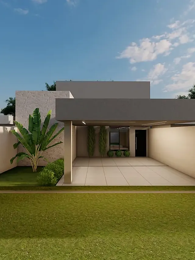 Casa térrea com garagem coberta e jardim frontal