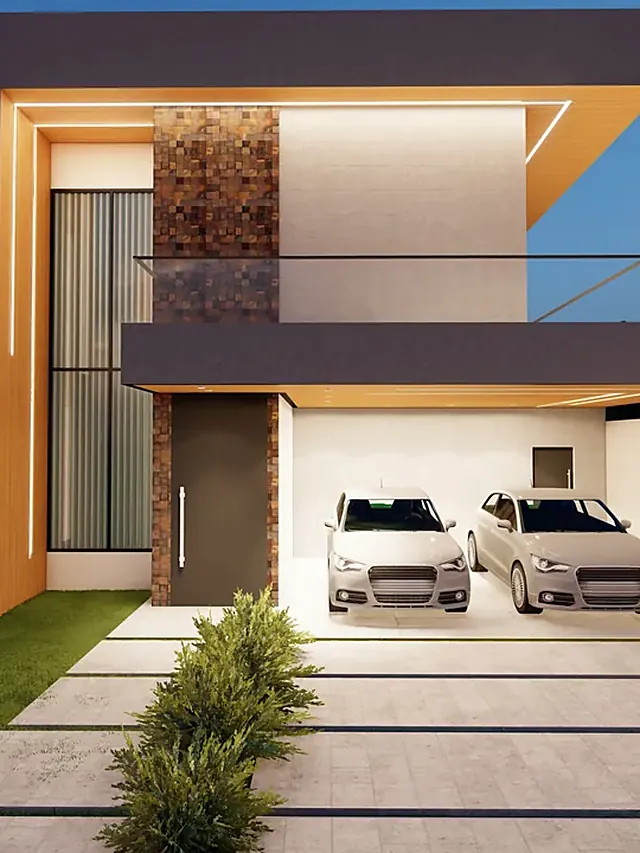 Fachada de casa de dois pavimentos com garagem e jardim